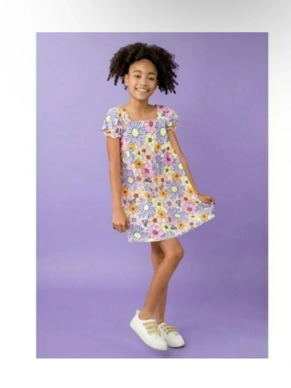 Girls floral mini dress flower floral daisy short sleeve purple pink yellow